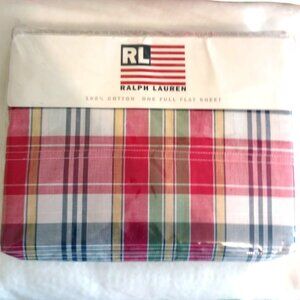 Ralph Lauren 100% Cotton Full Flat Sheet Sundek Plaid Red NIP